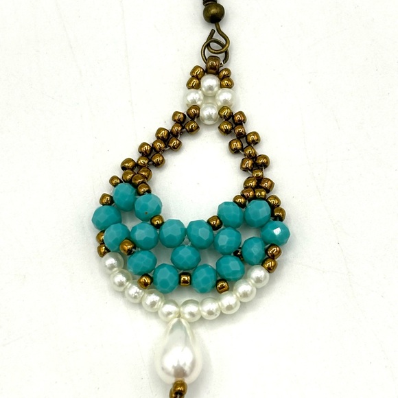 Hand Crafted Beaded Turquoise Crystal and Pearl Chunky Earrings - Picture 7 of 7